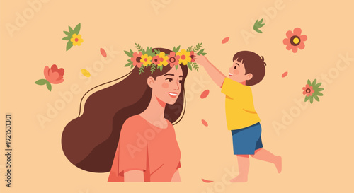 Young boy placing a colorful flower crown on his mothers head