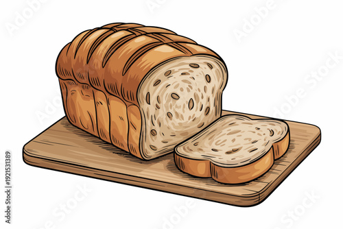 Sliced whole wheat bread loaf with seeds wooden cutting board