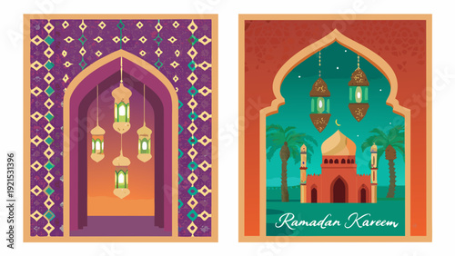Ramadan kareem illustration with intricate gold archways and lanterns