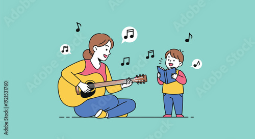Mother playing guitar while young son sings from a book