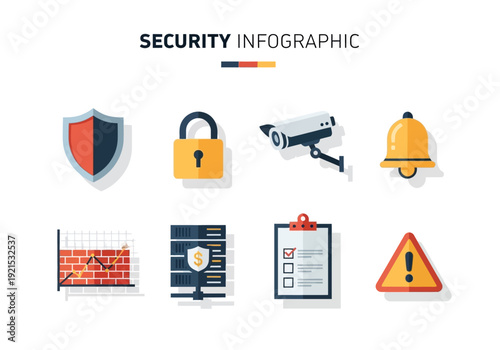 Collection of security-related icons including shield, lock, camera, bell, and data server