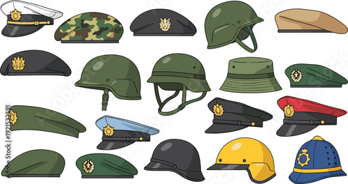 Military Hats And Helmets Collection Army Uniform Headgear Vector Illustration Set