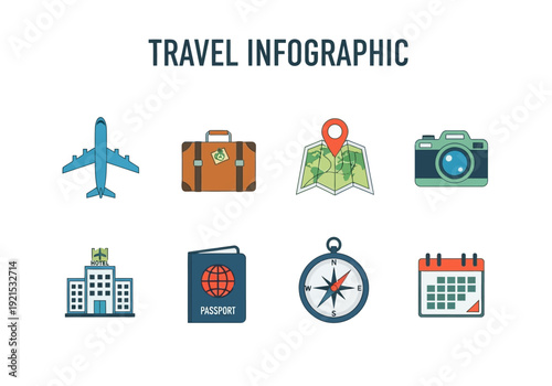 Collection of travel icons including airplane, suitcase, map, camera, hospital, passport, compass, and calendar