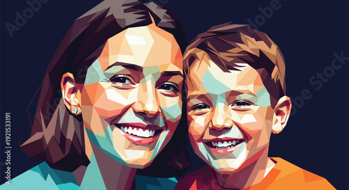 Portrait of smiling mother and son in low poly art style