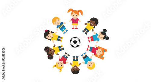 Diverse group of happy children forming a circle around a soccer ball, symbolizing teamwork and global play.