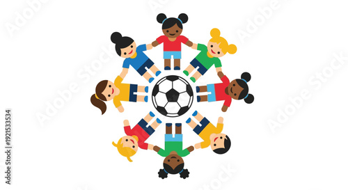 Diverse group of children holding hands in a circle around a soccer ball, symbolizing teamwork, friendship, and global unity in sports.