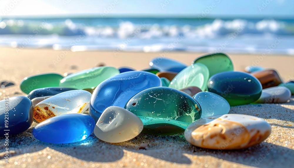 Obraz premium FlyPro Firefly's realistic photograph captures a serene collection of smooth, sea-worn glass fragments in muted blues and greens on a sandy beach under soft coastal sunlight.