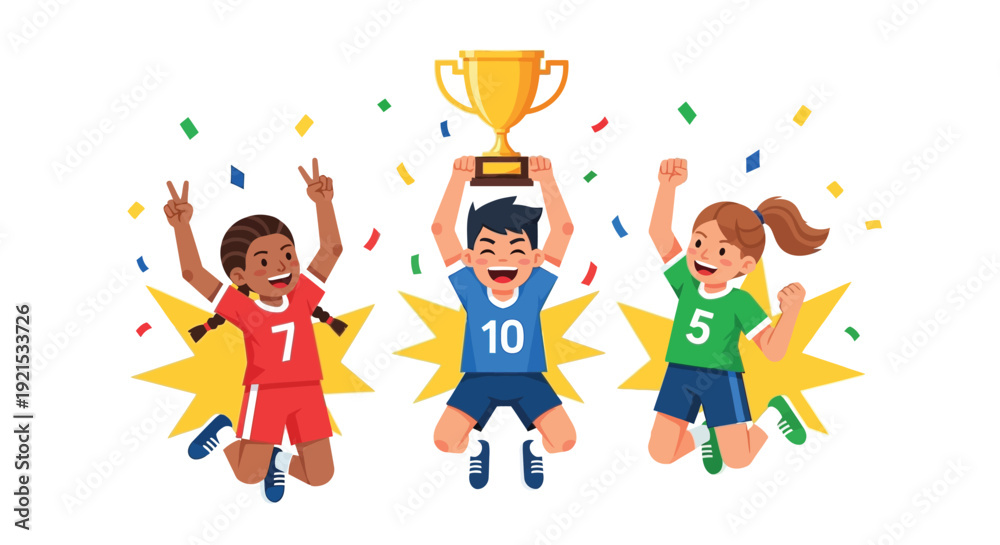 Fototapeta premium Happy diverse children soccer players celebrating a championship victory with a gold trophy.