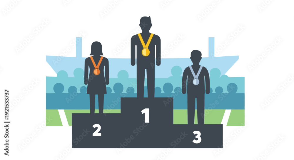 Fototapeta premium Vector illustration of athletes standing on a winners podium with medals at a stadium.
