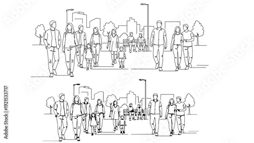 Urban outdoor lifestyle scene with people walking together in modern city environment, illustrating daily social activity and community interaction.