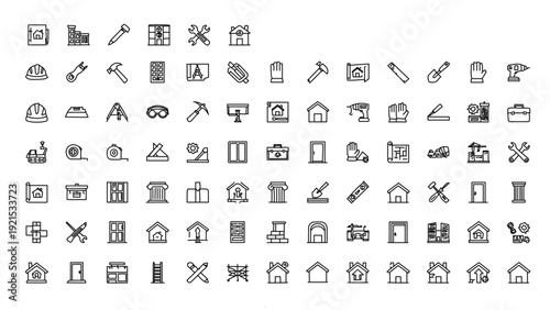 Editable construction tools industry icon set featuring detailed builder equipment symbols for engineering maintenance renovation and industrial workshop design.