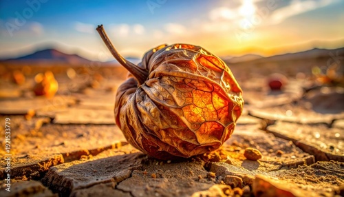 FlyPro Firefly, a single fallen dry fruit with wrinkled and shrunken skin, captured in a detailed photograph lying on cracked, dusty earth under a golden sunset.