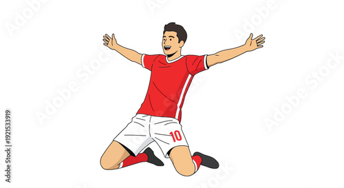 Happy male soccer player in red jersey celebrating a goal on his knees with arms wide open.