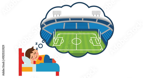 Cartoon boy sleeping peacefully in bed, dreaming vividly of a large, empty football stadium with a green field.