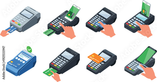 POS Terminal Payment Methods Collection Card And Mobile Transactions Vector Illustration Set
