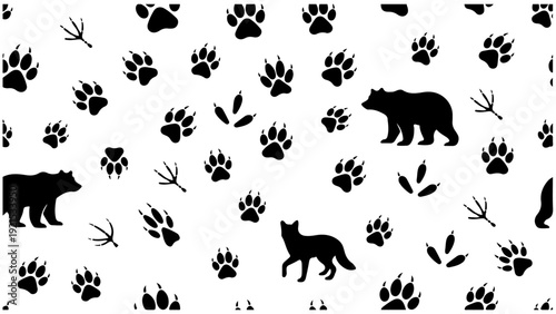 Seamless wildlife pattern design featuring animal footprints and forest silhouettes in decorative black and white repeating background texture.