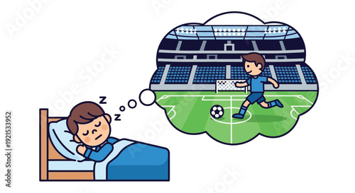 A young boy sleeps peacefully in his bed, dreaming vividly of playing soccer in a large, crowded stadium.
