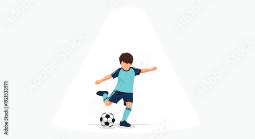 A young boy in a blue soccer uniform kicking a soccer ball under a spotlight on a white background, demonstrating athletic skill.
