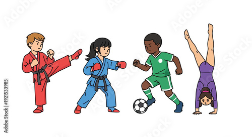 Four diverse children participating in various sports activities including martial arts, soccer, and gymnastics, demonstrating active lifestyles and physical fitness.