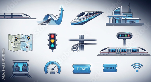 Modern transportation icons collection high speed trains and infrastructure.