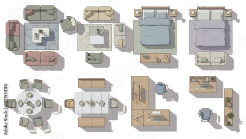 Colorful furniture illustration floor plan set showcasing detailed interior design layouts for modern home rooms in top view arrangement.