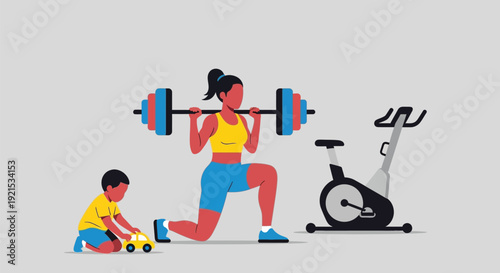 Woman doing weighted lunges while young son plays with toy car