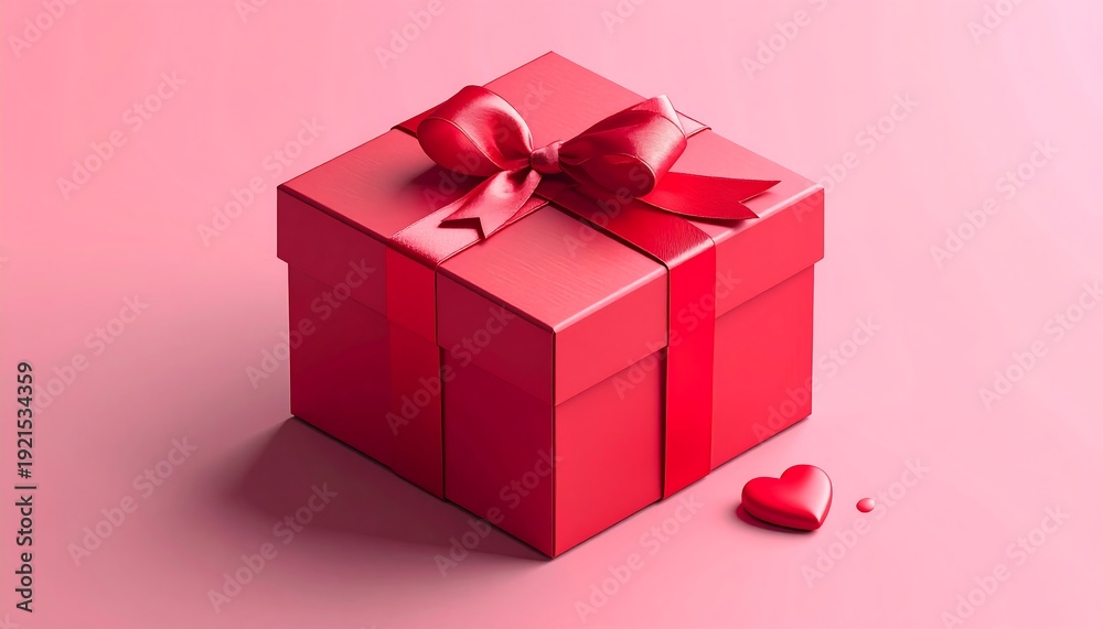 Fototapeta premium A red gift box with a matching bow sits on a pink surface with a heart. A small heart and dot are near it