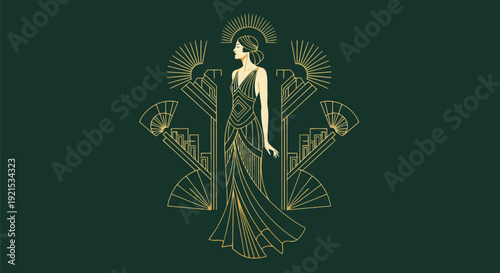 Elegant woman in gold art deco style dress on dark background