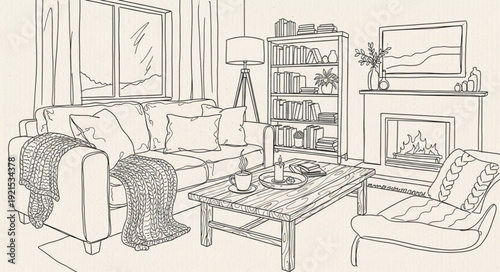 Cozy Living Room Sketch with Sofa and Fireplace.