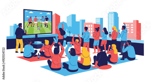 A diverse group of people gathered outdoors in a city watching a live soccer match on a large screen, cheering and enjoying the game together.