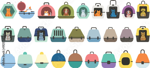 Pet Carrier Bag Collection Travel Boxes For Cats And Dogs Vector Illustration Set
