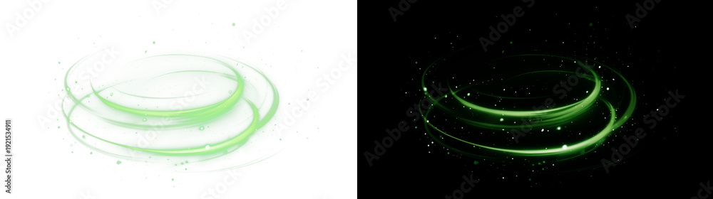 Fototapeta premium Green Wind Swirl Energy Ring with Leaves and Particles, Transparent and Black Background Versions