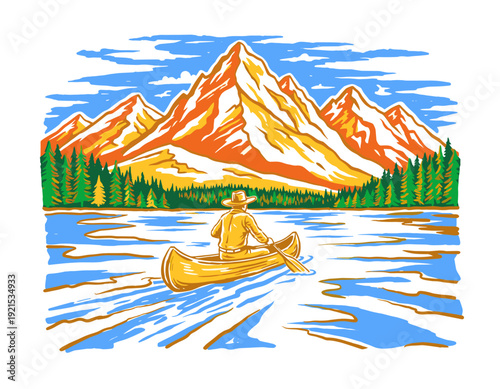 Mountain lake canoeing illustration. Outdoor adventure vintage artwork. Nature exploration graphic design. Wilderness camping t-shirt design. Keep nat