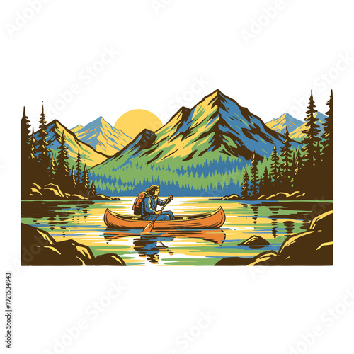 Canoe adventure on mountain lake. Outdoor exploration in nature. Paddle trip with beautiful landscape. Forest and mountain scenery. Vintage vector ill