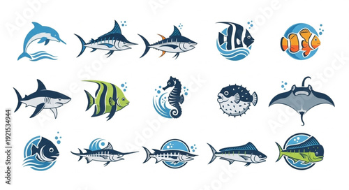 Collection of marine life illustrations with ocean waves.