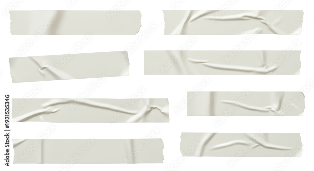 Fototapeta premium Set of wrinkled white adhesive or masking tape strips Isolated on transparent background, png