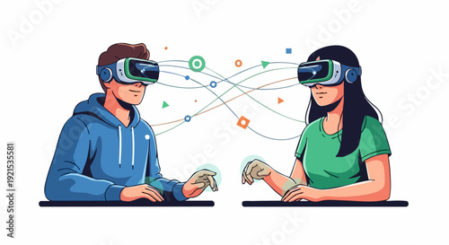 Two people interacting in virtual reality using advanced digital headset technology