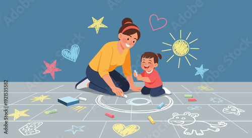 Mother and daughter drawing with colorful chalk on pavement