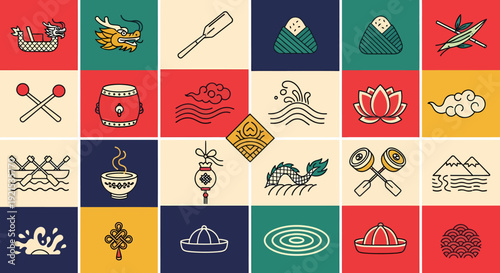 Dragon Boat Festival Icons: Dragon, Zongzi, Lotus, Lantern, Drum, Boat