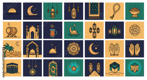 Islamic Ramadan Icons Set: Mosque, Lanterns, Moon, Prayer Beads, Kaaba