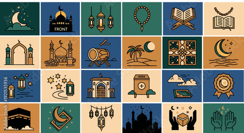 Islamic Ramadan Icons Set: Mosque, Crescent Moon, Lanterns, Quran