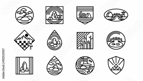 Japanese Garden Icons: Zen, Nature, Landscape, Bonsai, Crane, Bridge