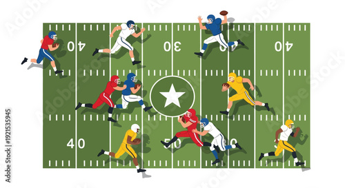 An overhead view of an American football game in progress with multiple players on a green field with yard lines and a star at midfield.