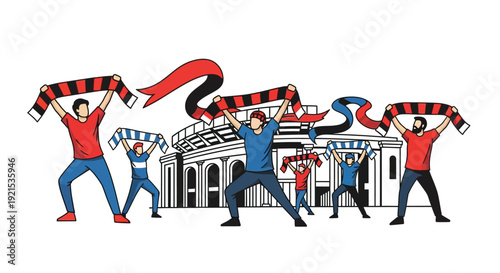 Illustration of enthusiastic football fans holding scarves in front of a stadium, celebrating their team.