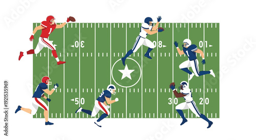 American football game illustration with players in red and blue uniforms on a green field with yard lines and a star logo.