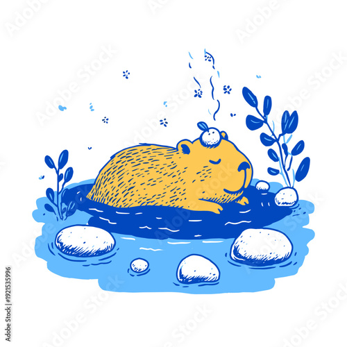 Capybara Relaxing in Minimal Hot Spring