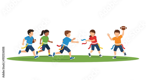 Diverse group of five children playing flag football on a green field, running and throwing the ball during a lively game.