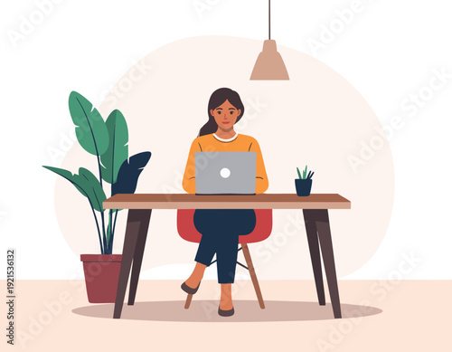 flat vector illustration of a young woman working on laptop at minimalist desk