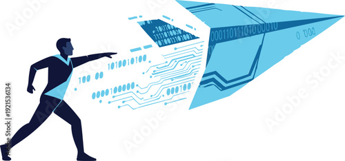 Stylized man launches a digital paper airplane for global communication