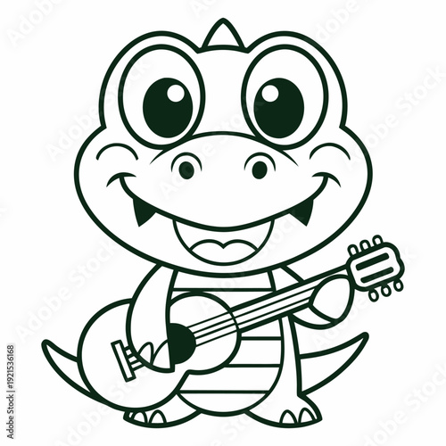 Cute Cartoon Alligator Playing Guitar Line Art